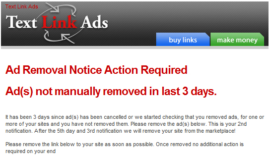 Link Removal Request Email from Text-Link-Ads.com